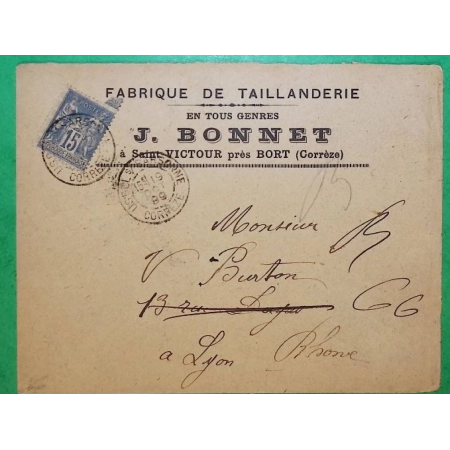 N°101 SAGE CAD TYPE A USSEL SUR SARSONNE CORREZE ENVELOPPE PUB FABRIQUE TAILLANDERIE ST VICTOUR POUR LYON 1899 FRANCE