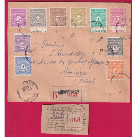 N°620 à 629 SERIE ARC DE TRIOMPHE SUR LETTRE RECOMMANDE ASNIERES SEINE 30.10.1944 LETTRE