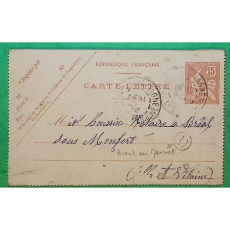 ENTIER MOUCHON RETOUCHE 15C CARTE LETTRE MAURE DE BRETAGNE BOITE RURALE D BRAIL EN MERNEL POUR BREAL SOUS MONTFORT 1903