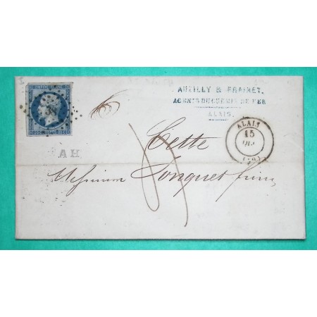 N°14 PC 38 ALAIS ALES GARD LETTRE AGENT DE CHEMIN DE FER LYON MEDITERRANEE CACHET PRIVE TAXE 4 AFFRANCHISSEMENT INSUFFISANT 1854