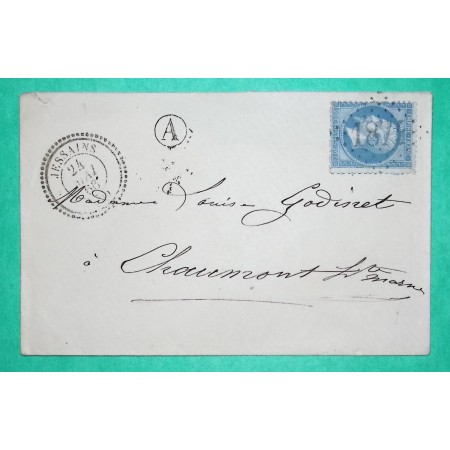 N°22 GC 1874 CAD TYPE 22 JESSAINS AUBE BOITE RURALE A POUR CHAUMONT HAUTE MARNE 1866