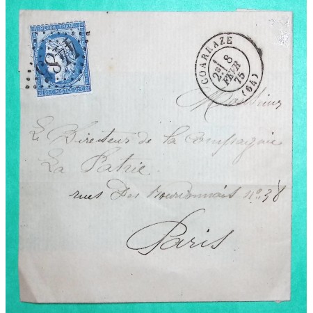 N°60A GC 4485 COARRAZE BASSES PYRENEES BUREAU SUPPLEMENTAIRE POUR PARIS 1875 DEVANT DE LETTRE
