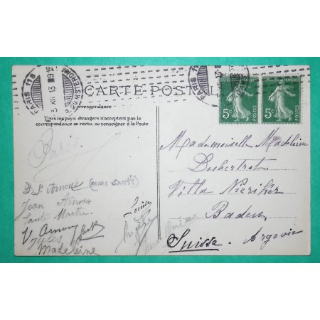 N°137 PAIRE SEMEUSE OBLITERATION MECANIQUE ESSAI CHAMBON PARIS R. D'AMSTERDAM CARTE POSTALE POUR BADEN SUISSE 1913