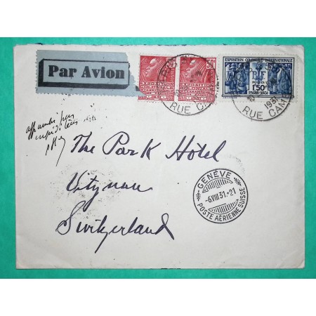 N°272 x2 + 274 FEMME FACHI EXPO COLONIALE LETTRE PAR AVION PARIS POUR GENEVE SUISSE 1931