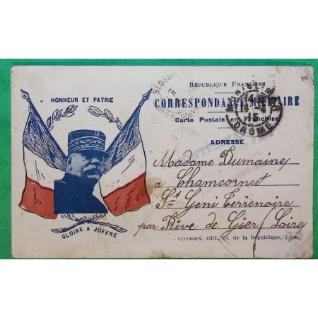 FRANCHISE MILITAIRE FM GLOIRE A JOFFRE HONNEUR ET PATRIE MONTELIMAR DROME POUR ST GENIS TERRENOIRE 1915 WW1 COVER FRANCE