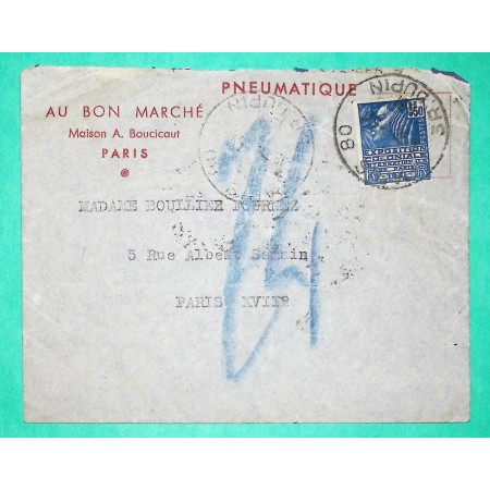 N°273 FEMME FACHI SEUL SUR LETTRE PNEUMATIQUE PUBLICITE AU BON MARCHE PARIS R. DUPIN 1931