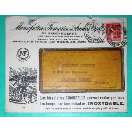 N°283 PAIX BEL ENVELOPPE PUB ILLUSTREE MANUFACTURE FRANCAISE D'ARMES ET CYCLES DE ST ETIENNE + FACTURE 1935