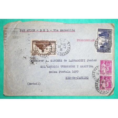 N°260 + 261 + 289 x2 MONT ST MICHEL PORT LA ROCHELLE PAIX LETTRE PAR AVION PARIS POUR RIO DE JANEIRO BRESIL 1936