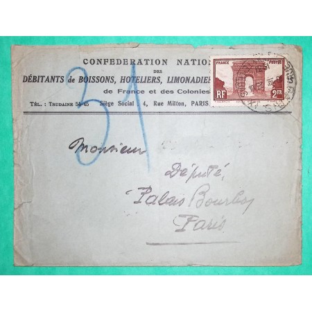 N°258 ARC DE TRIOMPHE SEUL SUR LETTRE PNEUMATIQUE PARIS 1931