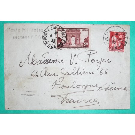 N°258 + 283 ARC DE TRIOMPHE PAIX LETTRE POSTE MILITAIRE SECTEUR 606 ARMEE D'ORIENT POIUR BOULOGNE 1933