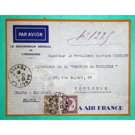 LETTRE PAR AVION GOUVERNEUR GENERAL INDOCHINE HANOÏ TONKIN POUR TOULOUSE 1938