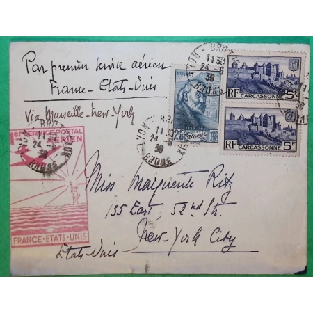 N°392 x2 + 421 CARCASSONNE CEZANNE LETTRE PAR AVION PREMIER SERVICE AERIEN FRANCE ETATS UNIS MARSEILLE NEW YORK 1939