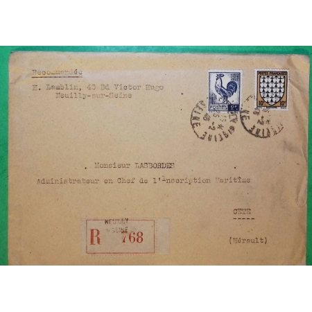 N°573 + 640 ARMOIRIES BRETAGNE COQ D'ALGER RECOMMANDE NEUILLY SUR SEINE POUR SETE HERAULT 1946 LETTRE COVER FRANCE