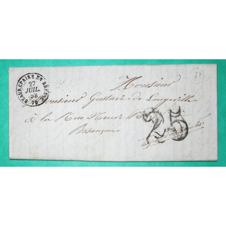 CAD TYPE 15B BEAUREPAIRE EN BRESSE SAONE ET LOIRE BOITE RURALE B MONTCONY POUR BESANCON DOUBS TAXE 25 1858