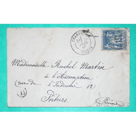 N°90 SAGE CAD TYPE 18 CHARROUX VIENNE BOITE RURALE B POUR POITIERS 1886