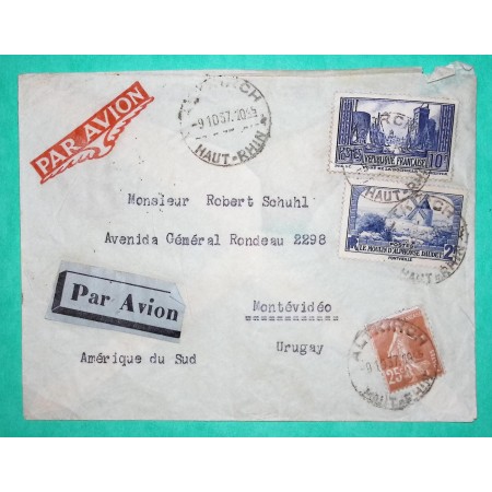 N°235 + 261 + 311 SEMEUSE PORT LA ROCHELLE MOULIN DAUDET LETTRE PAR AVION ALTKIRCH HAUT RHIN POUR MONTEVIDEO URUGUAY 1937