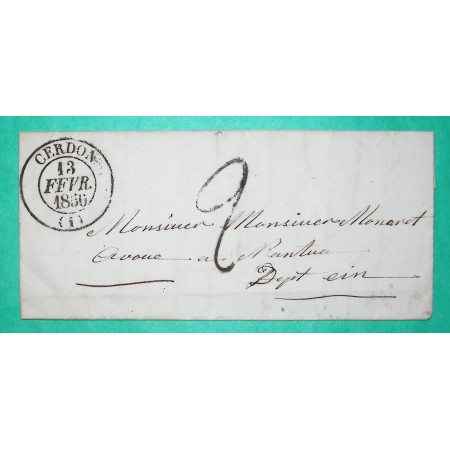 CAD TYPE 13 CERDON AIN DEPART LA BALME TAXE TAMPON 2 POUR NANTUA 1850