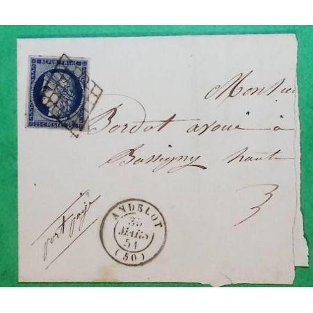 N°4 CERES TB OBLITERATION GRILLE ANDELOT HAUTE MARNE SUR FRAGMENT 1851 LETTRE COVER FRANCE