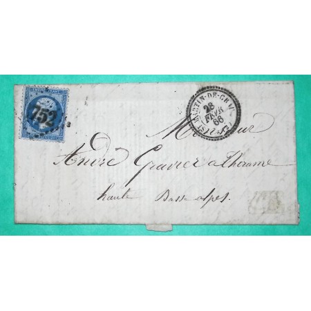 N°22 GC 3752 CAD TYPE 22 ST MARTIN DE CRAU BOUCHES DU RHONE POUR THORAME HAUTE BASSES ALPES 1866