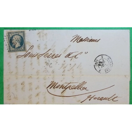 N°14 BLEU LAITEUX 7ème JOUR DU TARIF 7 JUILLET 1854 PC 1896 MARSEILLE POUR MONTPELLIER HERAULT LETTRE COVER FRANCE