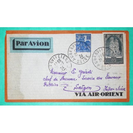 N°257 + 259 JEANNE D'ARC CATHEDRALE DE REIMS BEL AFFRANCHISSEMENT LETTRE AVION AUBERVILLIERS SAÏGON INDOCHINE 1934