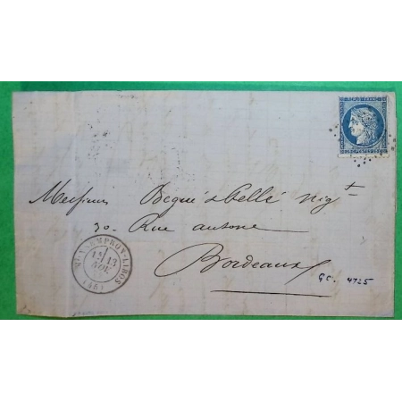 N°60A GC 4725 MONSEMPRON LIBOS BUREAU SUPPLEMENTAIRE LOT ET GARONNE DEPART LUZECH LOT POUR BORDEAUX 1872 COVER FRANCE