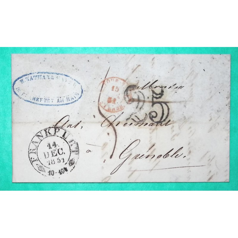 LETTRE FRANCFORT FRANKFURT ALLEMAGNE TAXE 25 MODIFIEE POUR GRENOBLE ISERE 1851
