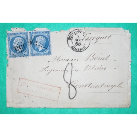 N°22 GC 5055 PHILIPPEVILLE ALGERIE TAXE TAMPON 8 AFFRANCHISSEMENT INSUFFISANT POUR CONSTANTINOPLE 1866
