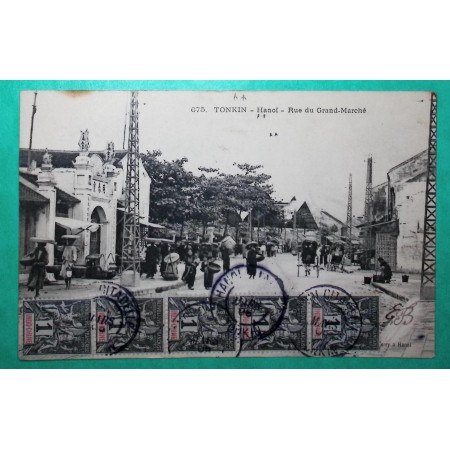 1C x5 TYPE GROUPE INDOCHINE CARTE POSTALE POSTALE HANOI CITADELLE RUE DU GRAND MARCHE 1905