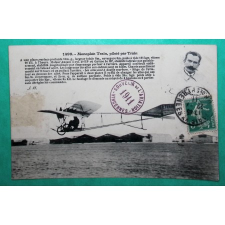 N°137 CARTE POSTALE SOUVENIR DE L'AVIATION VINCENNES 1911 MONOPLAN TRAIN