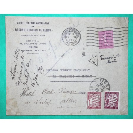 N°202 SEMEUSE + TAXE DUVAL 1F50 LETTRE TROUVEE A LA BOITE REIMS POUR LE CHATELET EN BERRY REEXP VICHY 1929