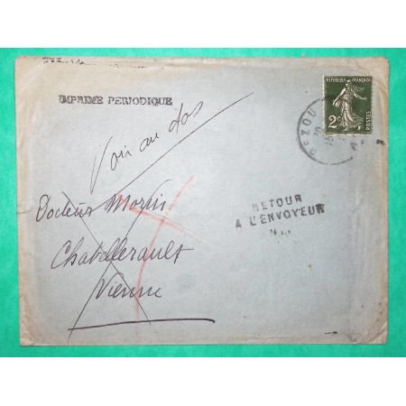 N°278 2C SEMEUSE SEUL SUR LETTRE IMPRIME PERIODIQUE RETOUR ENVOYEUR GRIFFE DECEDE