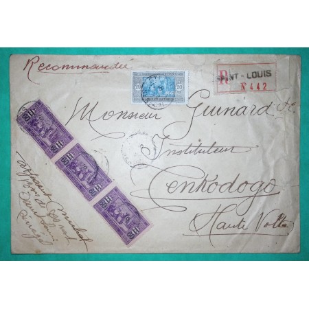 RECOMMANDE ST LOUIS SENEGAL 20C + 75C SURCHARGE 60C x3 AOF POUR TENKODOGO HAUTE VOLTA 1926