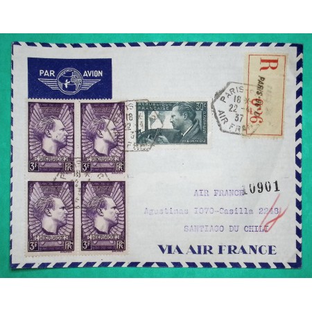 N°337 + 338 BLOC DE 4 MERMOZ PREMIER JOUR RECOMMANDE AVION PARIS POUR SANTIAGO DU CHILI 22-04-1937