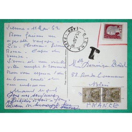 N°1263 MARIANNE DECARIS TIMBRE NON RECONNU TAXE GERBES 40C CARTE POSTALE SIENNE ITALIE POUR BLOIS 1962