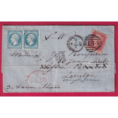 MIXTE FANCE GRANDE BRETAGNE N°22 PAIRE AMBULANT ERQUELINE A PARIS POUR BRISTOL REEXPEDIEE LONDRES SIGNE CALVES LETTRE