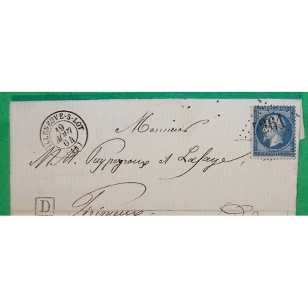 N°22 GC 4261 VILLENEUVE SUR LOT LOT ET GARONNE BOITE URBAINE D SOUBIROUS POUR PERIGUEUX DORDOGNE 1864 COVER FRANCE