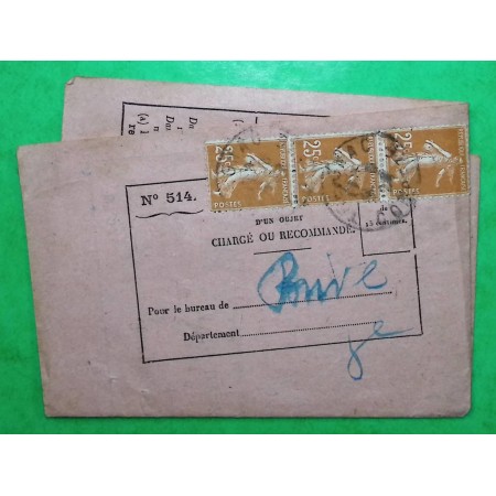 N°235 BANDE DE 3 SEMEUSE AVIS DE RECEPTION TREIGNAC CORREZE POYUR BRIVE 1929