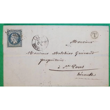 N°14 BLEU LAITEUX 3318 TARASCON SUR ARIEGE BOITE RURALE T SIGUER POUR ST PONS HERAULT 1855 LETTRE COVER FRANCE