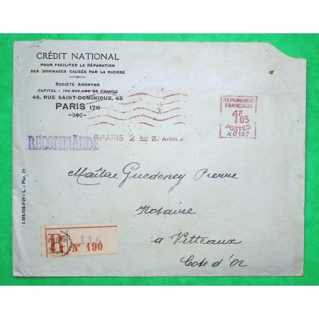 EMA 1F05 MACHINE A0127 RECOMMANDE CREDIT NATIONAL PARIS POUR VITTEAUX COTE D'OR 1926