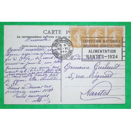 N°158 BANDE DE 3 SEMEUSE CARTE POSTALE FLIER EXPOSITION NATIONALE INDUSTRIE AGRICULTURE ALIMENTATION NANTES 1924