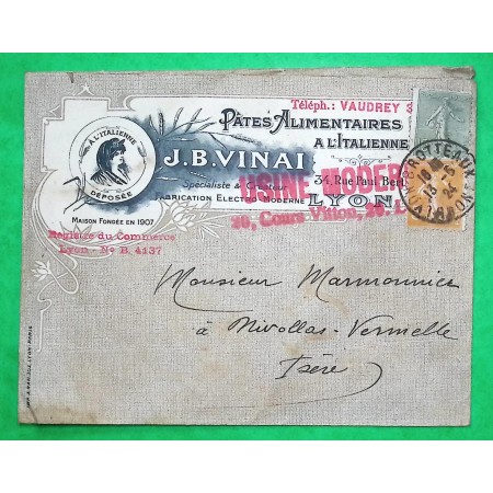 N°130 + 158 SEMEUSE ENVELOPPE PUB ILLUSTREE PATES ALIMENTAIRES A L'ITALIENNE LYON RHONE POUR NIVOLAS VERMELLE ISERE 1924