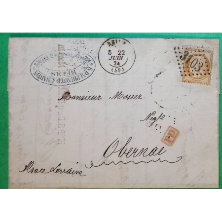 N°38 CERES TYPE SIEGE GC 3103 REIMS MARNE BELLE FACTURE POUR OBERNAI BAS RHIN ALSACE LORRAINE 1874 LETTRE COVER FRANCE
