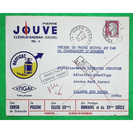 N°1263 MARIANNE DECARIS ENVELOPPE PUB ILLUSTREE JOUVE CLEON D'ANDRAN DROME RETOUR ENVOYEUR VALENCE 1964