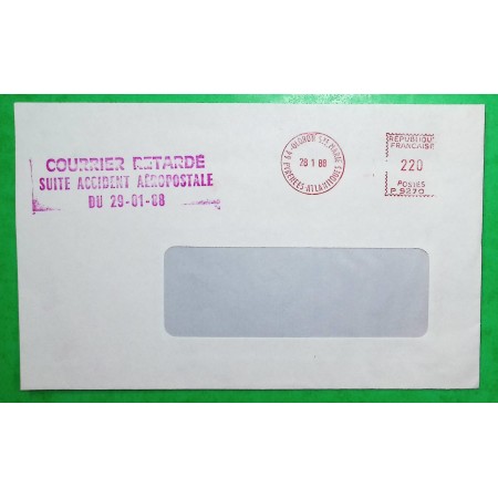 ENVELOPPE ACCIDENT AERIEN COURRIER RETARDE SUITE ACCIDENT AEROPOSTALE 29-01-1988 OLORON STE MARIE PYRENEES ATLANTIQUES