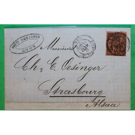 N°91 SAGE 25C NOIR SUR ROUGE LYON LES TERREAUX RHONE POUR STRASBOURG BAS RHIN ALSACE LORRAINE 1879 LETTRE COVER FRANCE