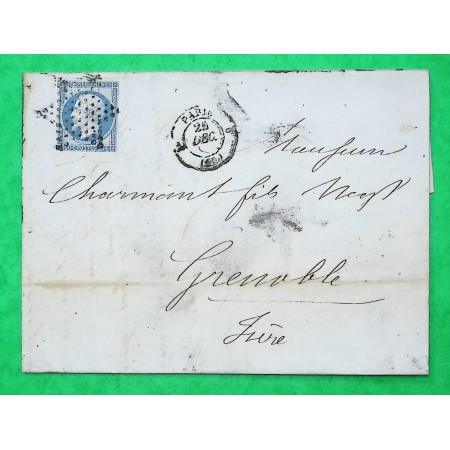 N°14 BLEU LAITEUX BDF ETOILE DE PARIS PLEINE CACHET DE ROUTE POUR GRENOBLE ISERE 1855
