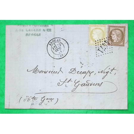 N°55 +58 GC 4471 BROCAS LANDES BUREAU SUPPLEMENTAIRE POUR ST GAUDENS HAUTE GARONNE 1874