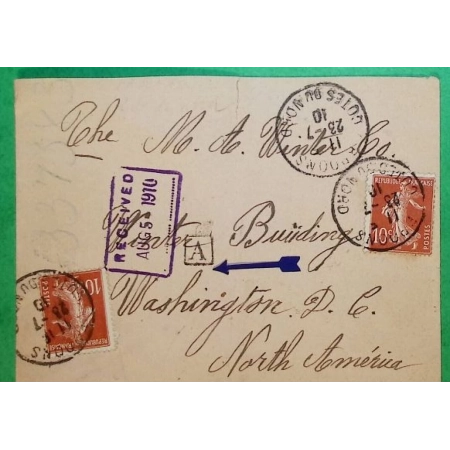 N°137 + 138 x2 SEMEUSE BROONS COTES DU NORD BOITE URBAINE A POUR WASHINGTON USA ETATS UNIS 1910 LETTRE COVER FRANCE