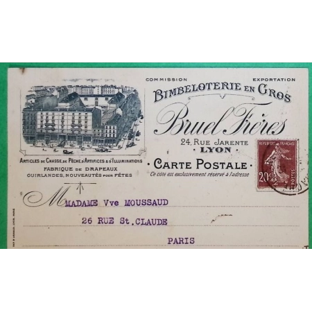 N°139 SEMEUSE BELLE CARTE POSTALE PRIVEE ILLUSTREE BIMBELOTERIE EN GROS FABRIQUE DE DRAPEAUX LYON POUR PARIS 1925 FRANCE